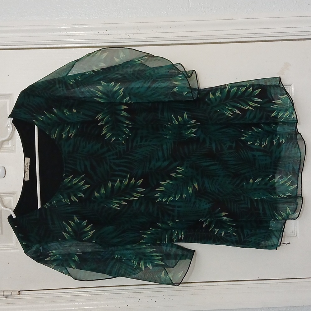 Sese Code Green & Black Georgette Mesh Blouse With Flowy Ruffle Sleeves